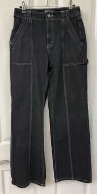 SO 3/26W black utility wide leg baggy denim white stitching jeans skater